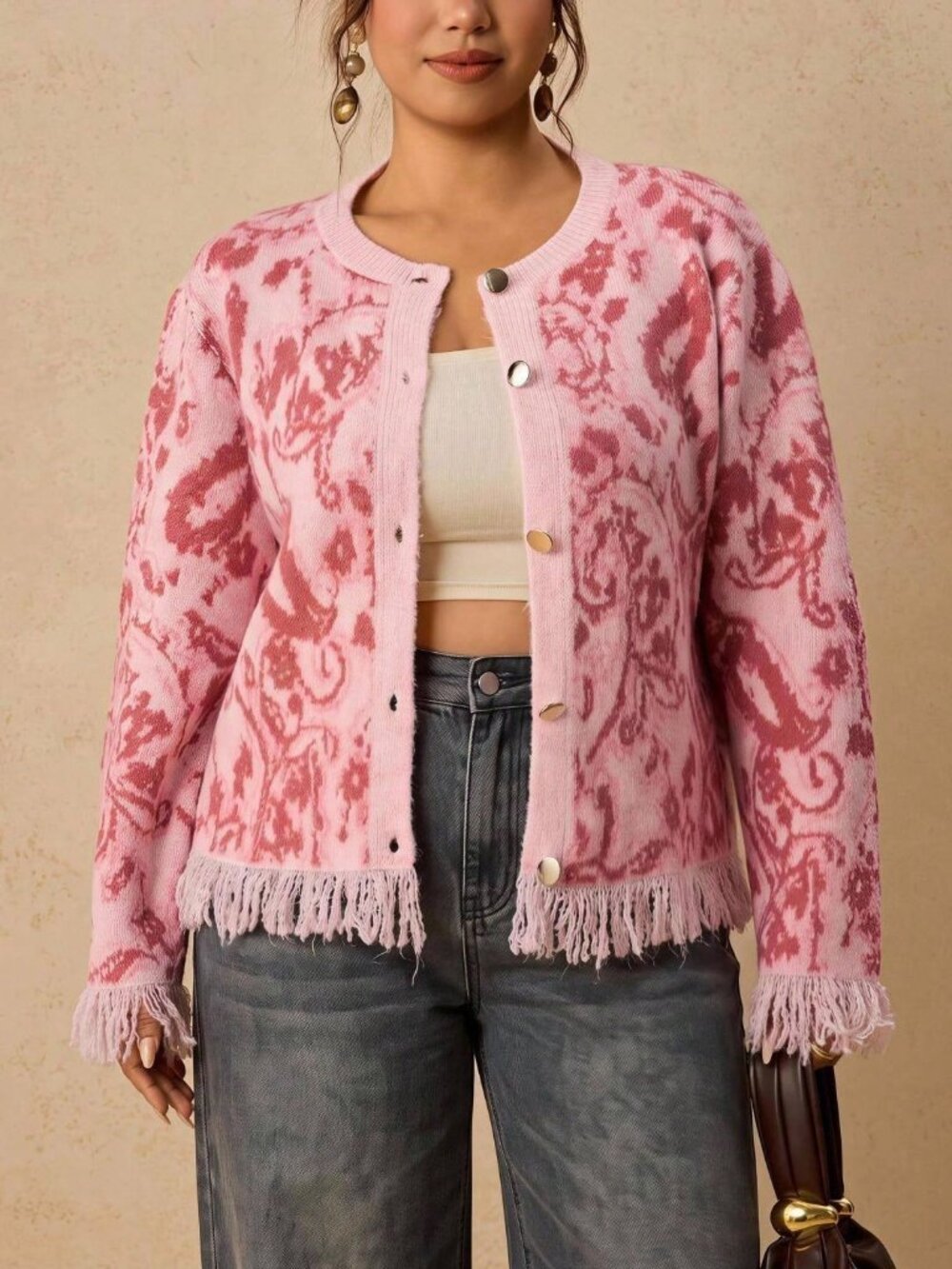 Pink Women's Plus Size Elegant Knit Sweater Cardigan